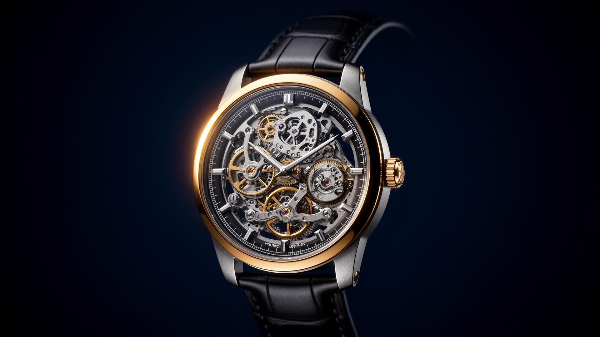 Valdauré skeleton dial automatic watch on a deep navy background